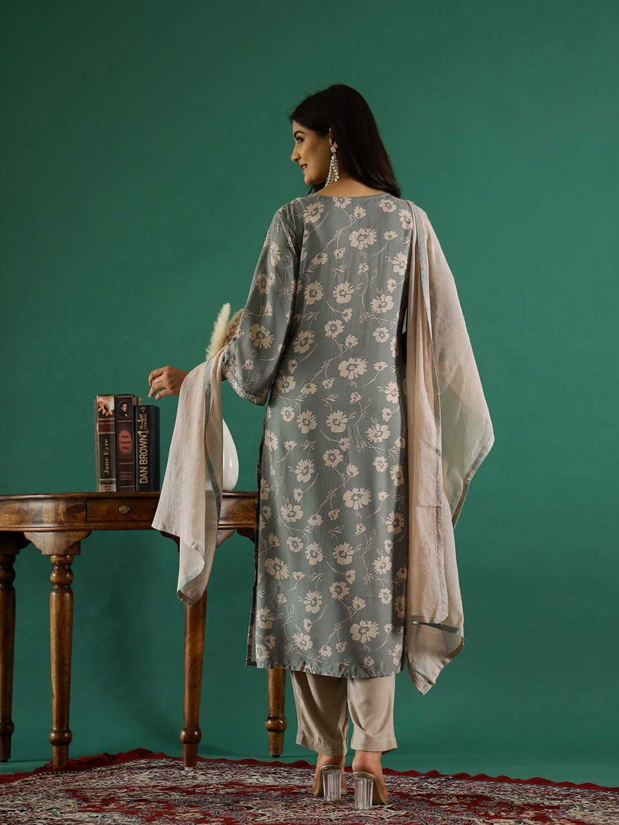 Floral Printed V-Neck Pure Cotton Kurta and Pants Set