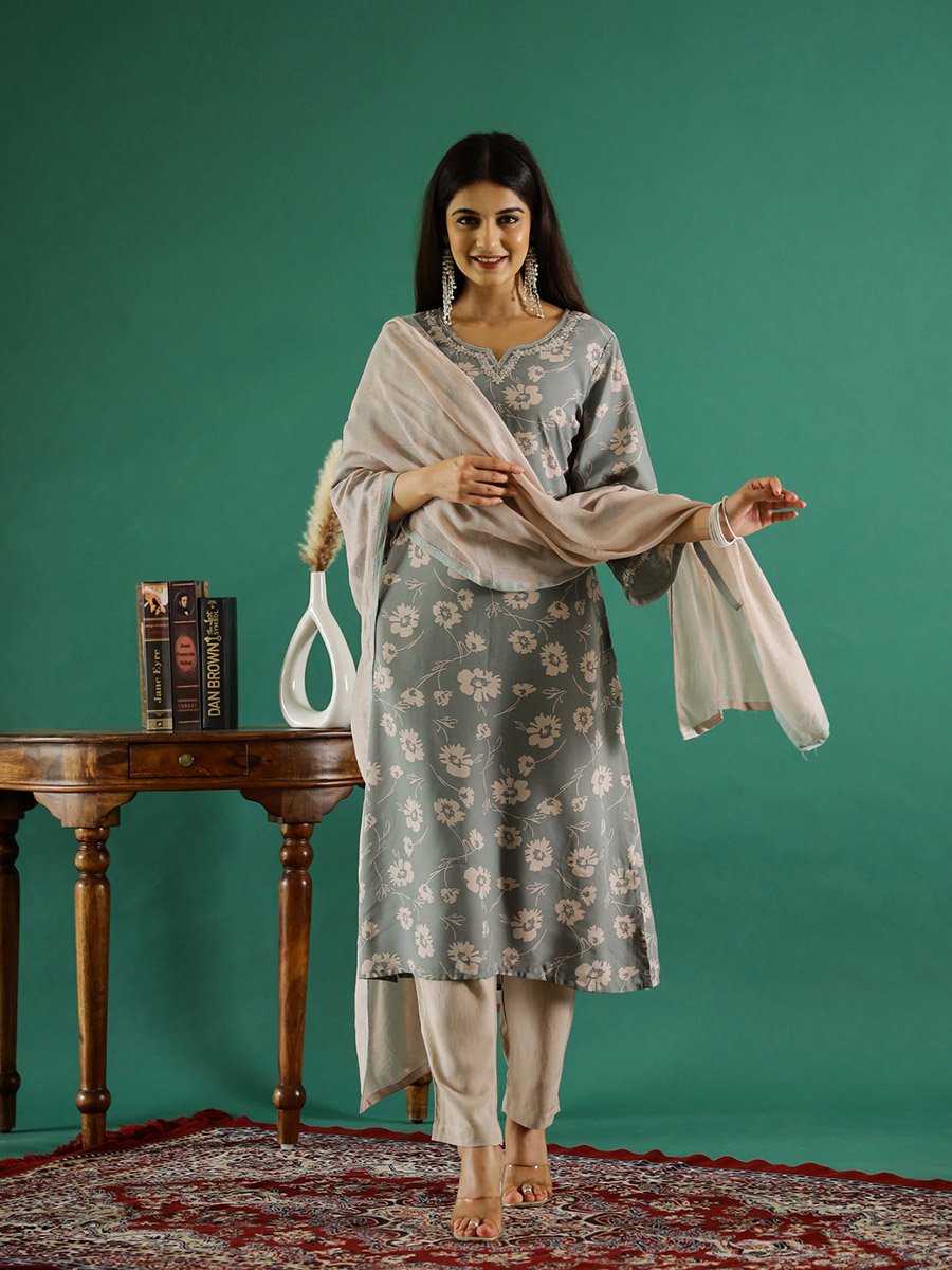 Floral Printed V-Neck Pure Cotton Kurta and Pants Set