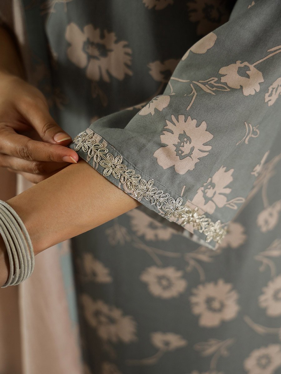 Floral Printed V-Neck Pure Cotton Kurta and Pants Set
