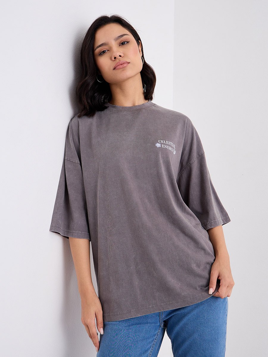 Acid Washed Graphic Print Oversized T-Shirt