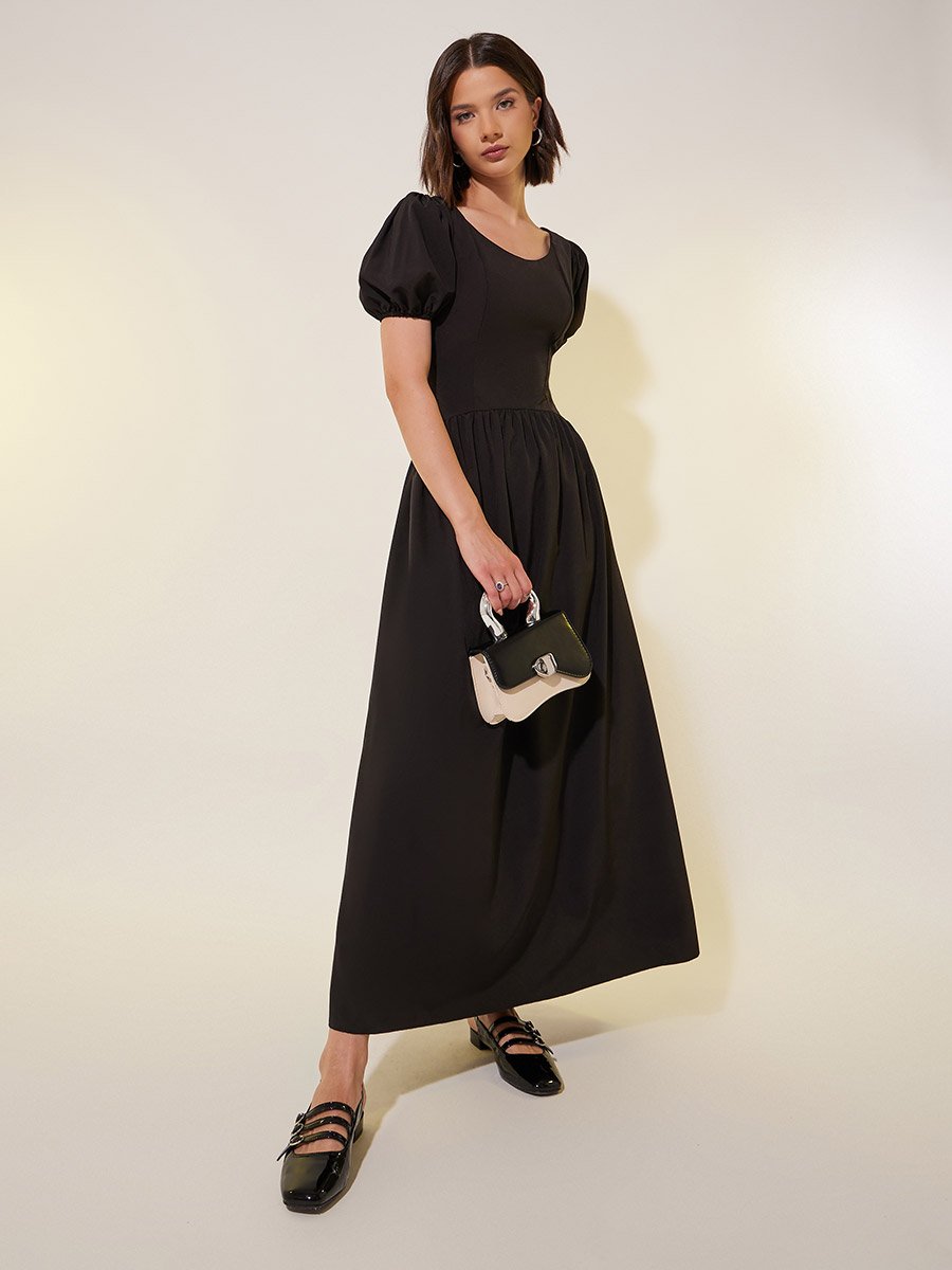 Solid Puff Sleeves Round Neck A-Line Maxi Dress