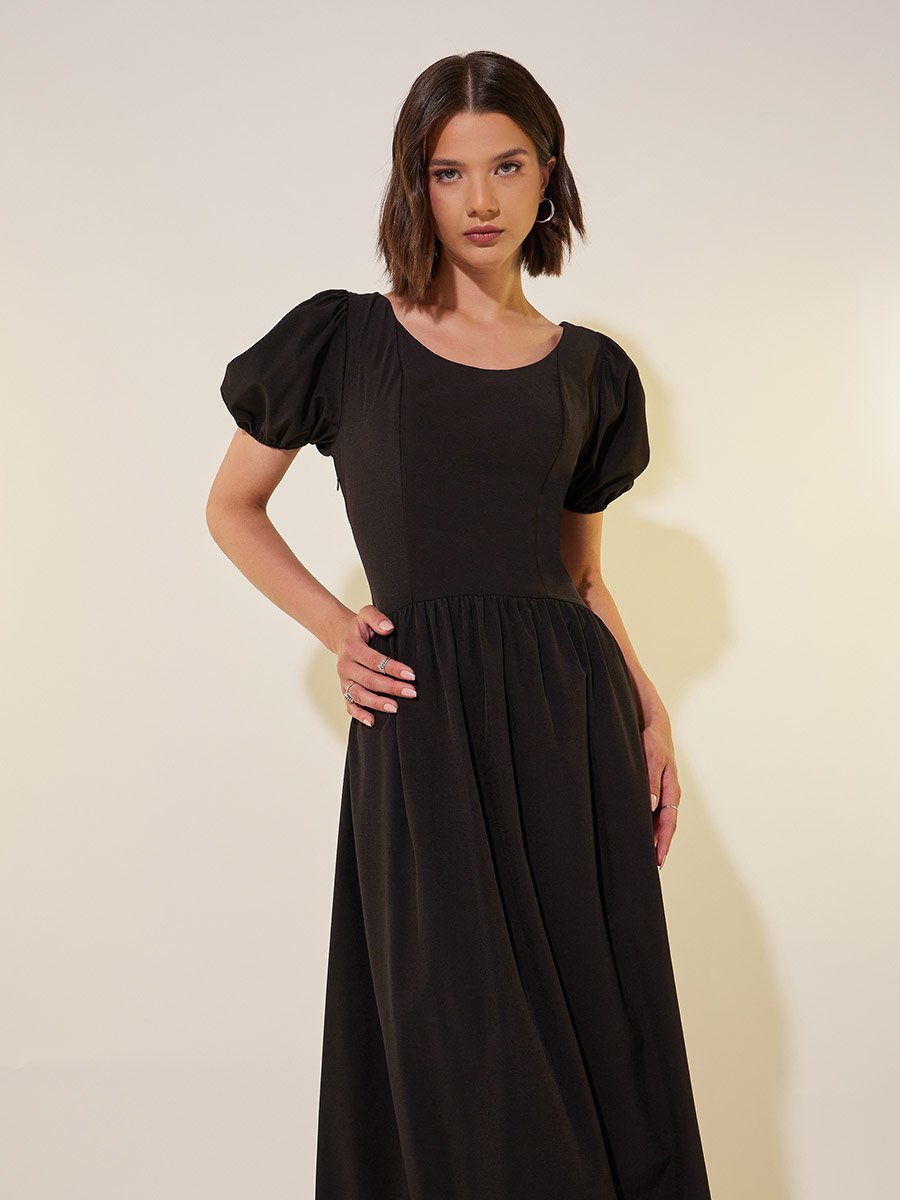 Solid Puff Sleeves Round Neck A-Line Maxi Dress