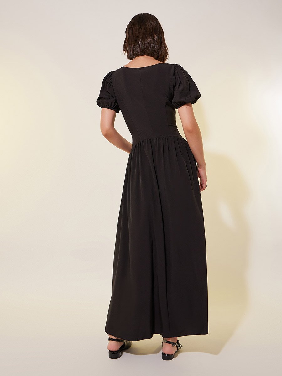 Solid Puff Sleeves Round Neck A-Line Maxi Dress