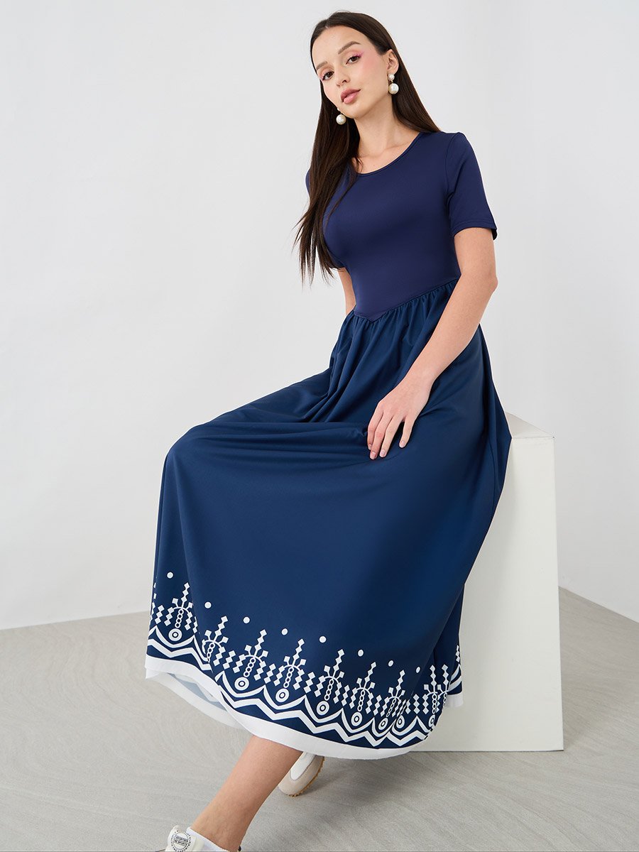 Floral Print Round Neck A-Line Maxi Dress