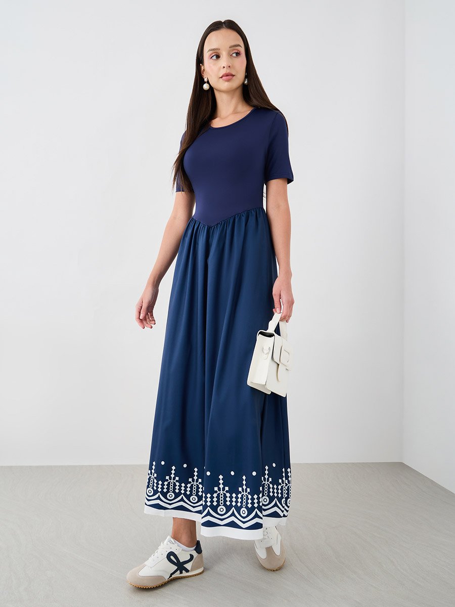 Floral Print Round Neck A-Line Maxi Dress
