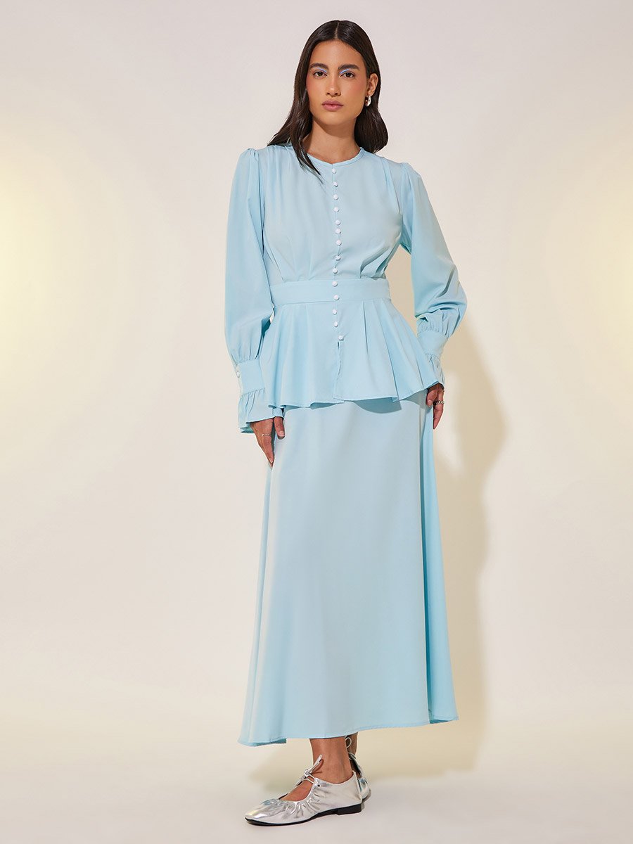 Pearl Button Ruffled Details Maxi Dress