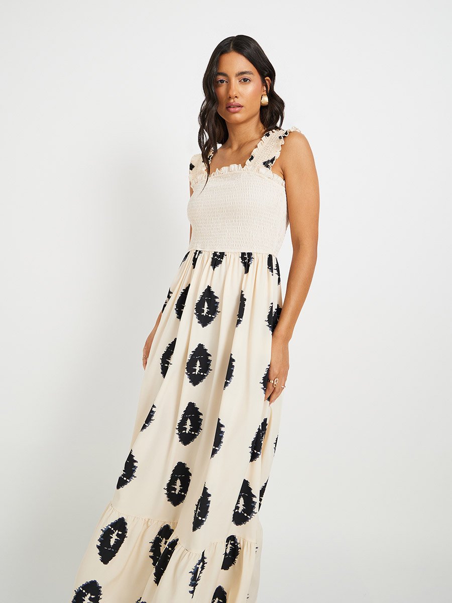 Printed Sleeveless A-Line Maxi Dress with Smocked Detail For Women at  Kuwait | Styli