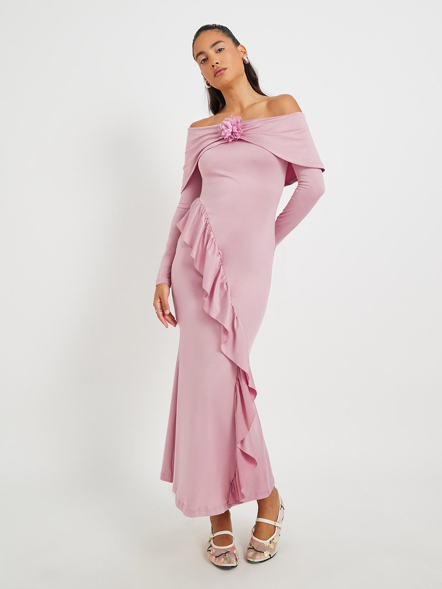 Solid Off Shoulder Mermaid Maxi Dress with Corsage Detail