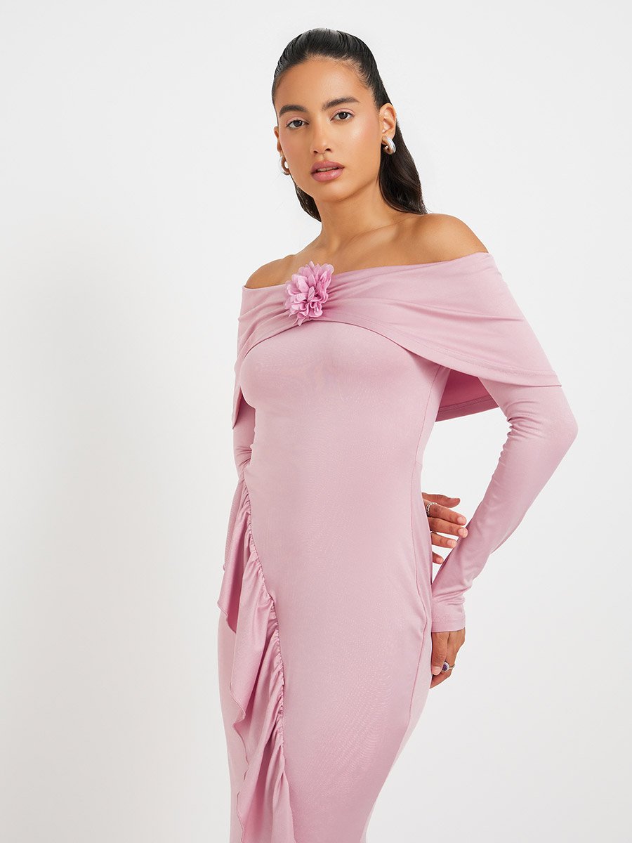 Solid Off Shoulder Mermaid Maxi Dress with Corsage Detail