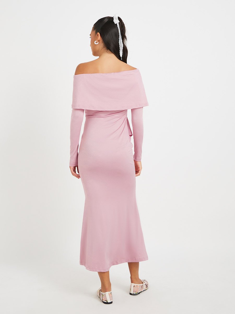 Solid Off Shoulder Mermaid Maxi Dress with Corsage Detail