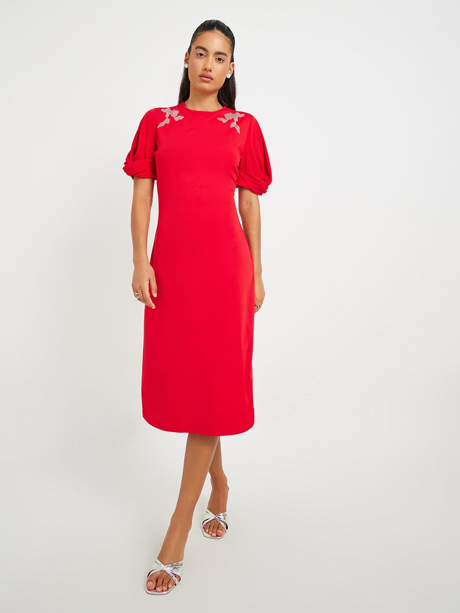 embellished knee length dress Women Red Detail Short Sleeves Sheath For Women at Oman pair:joanna-strapless-shapewear-bra-latte