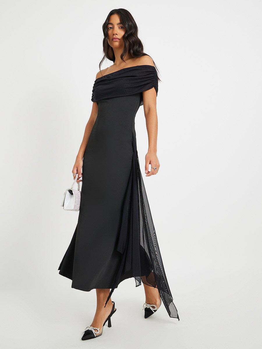Women Black Solid Off Shoulder Mermaid Maxi Dress