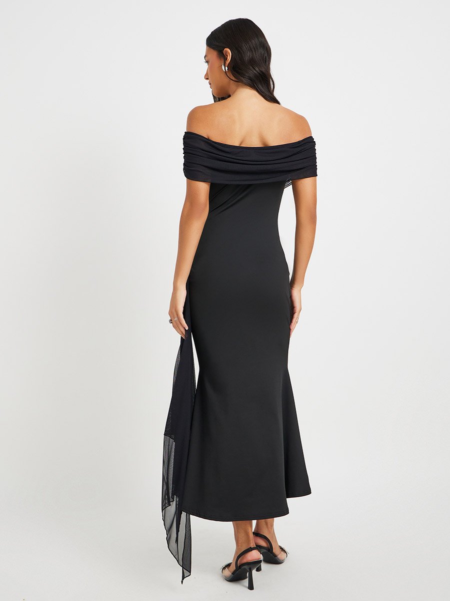Women Black Solid Off Shoulder Mermaid Maxi Dress