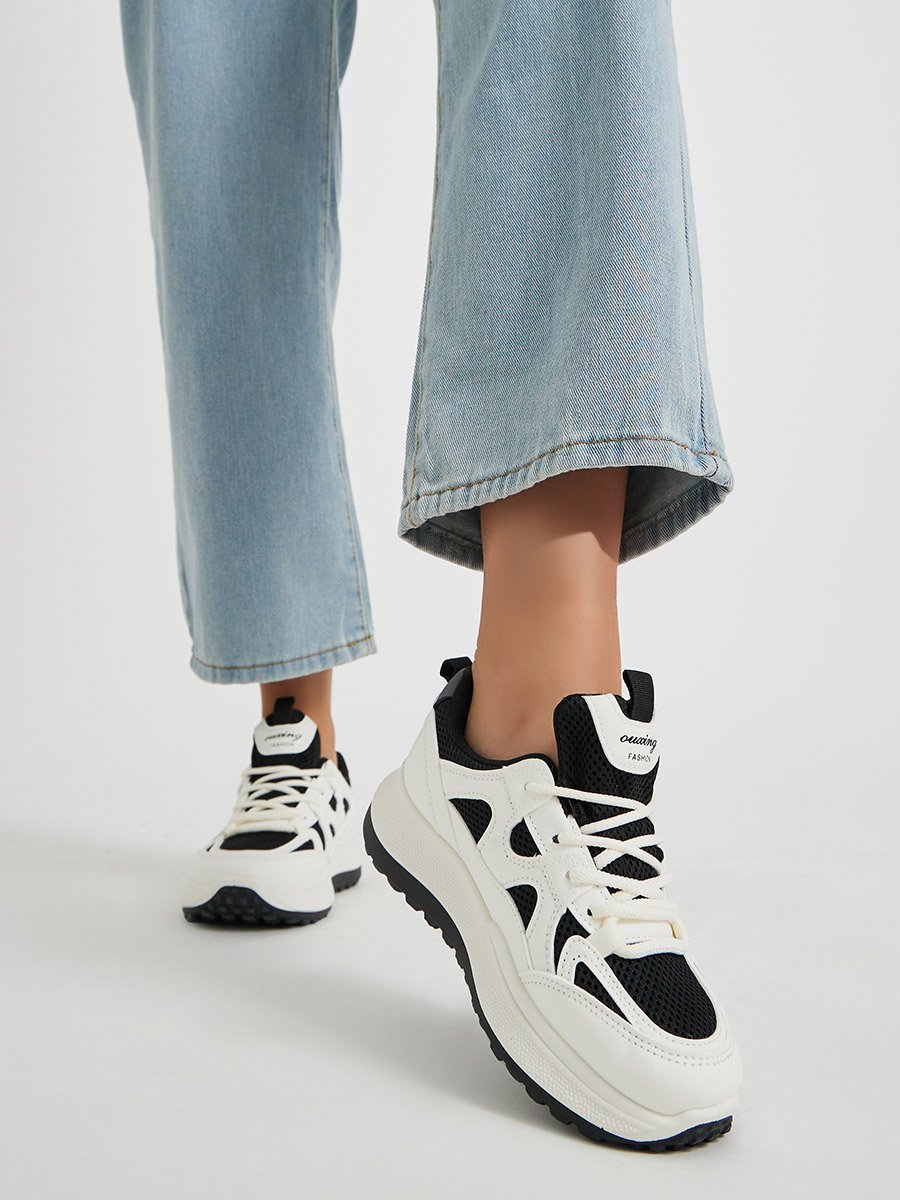 Color Block Lace-Up Chunky Sneakers with Back Pull Tab