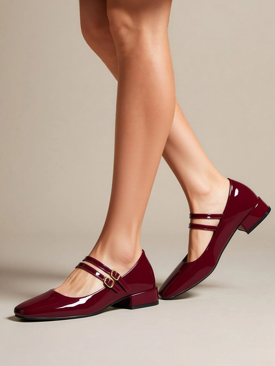 Plain Square Toe Buckle Strap Shoes