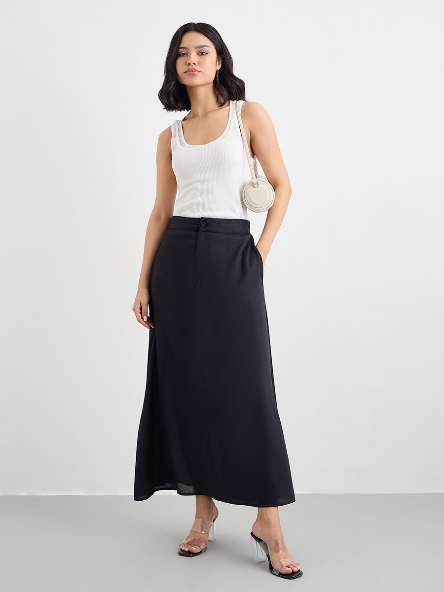Solid Mid Rise A-Line Maxi Skirt