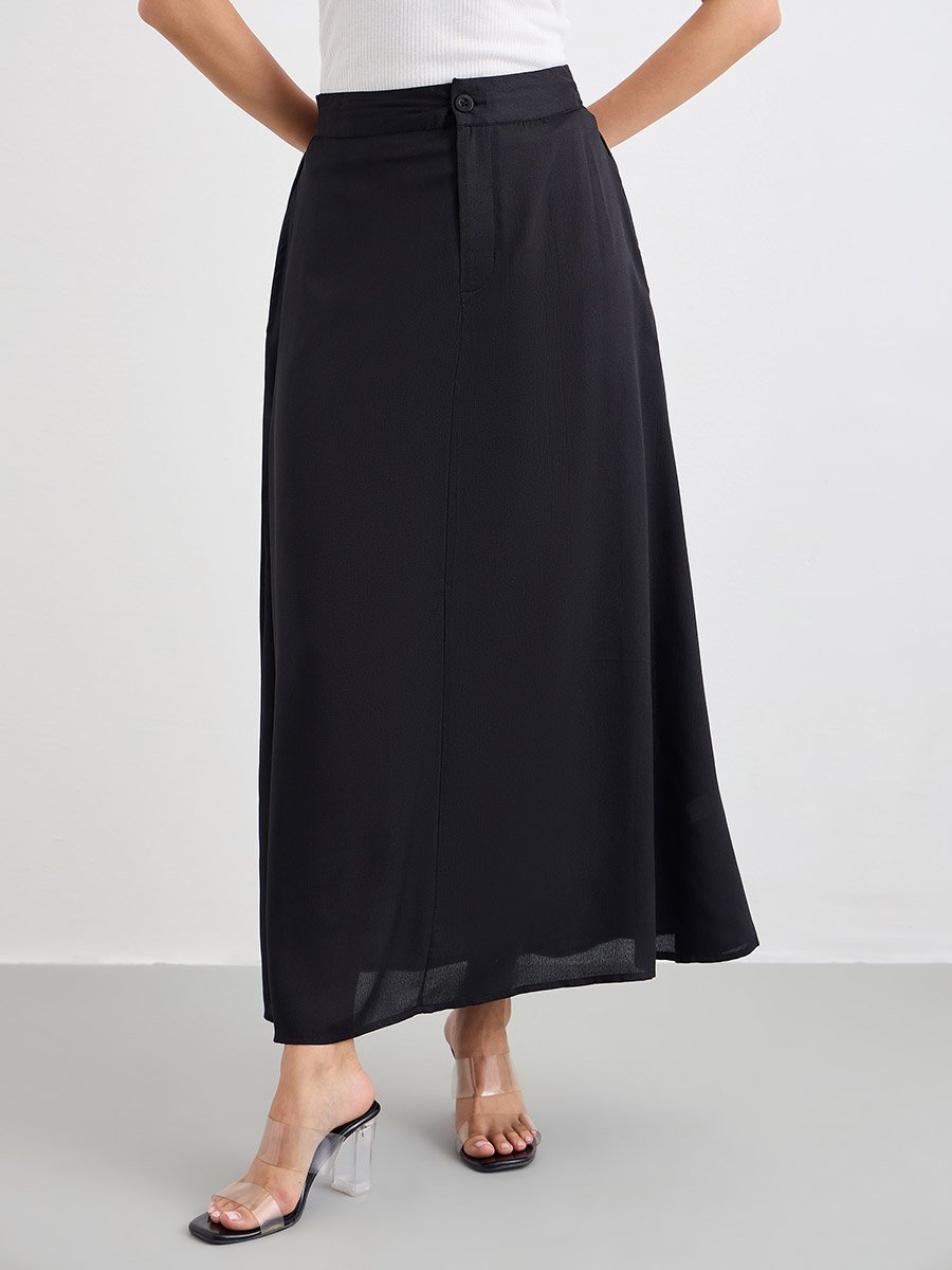 Solid Mid Rise A-Line Maxi Skirt