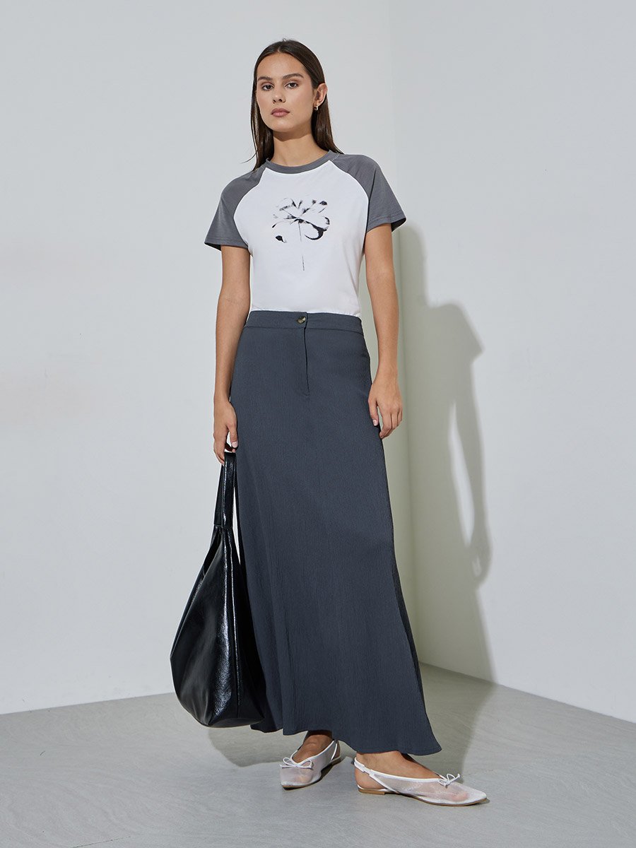 Grey Solid A-Line Maxi Skirt