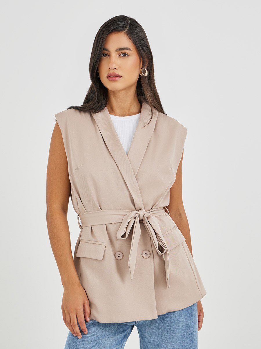 Solid Regular Length Regular Fit Sleeveless Belted Blazer