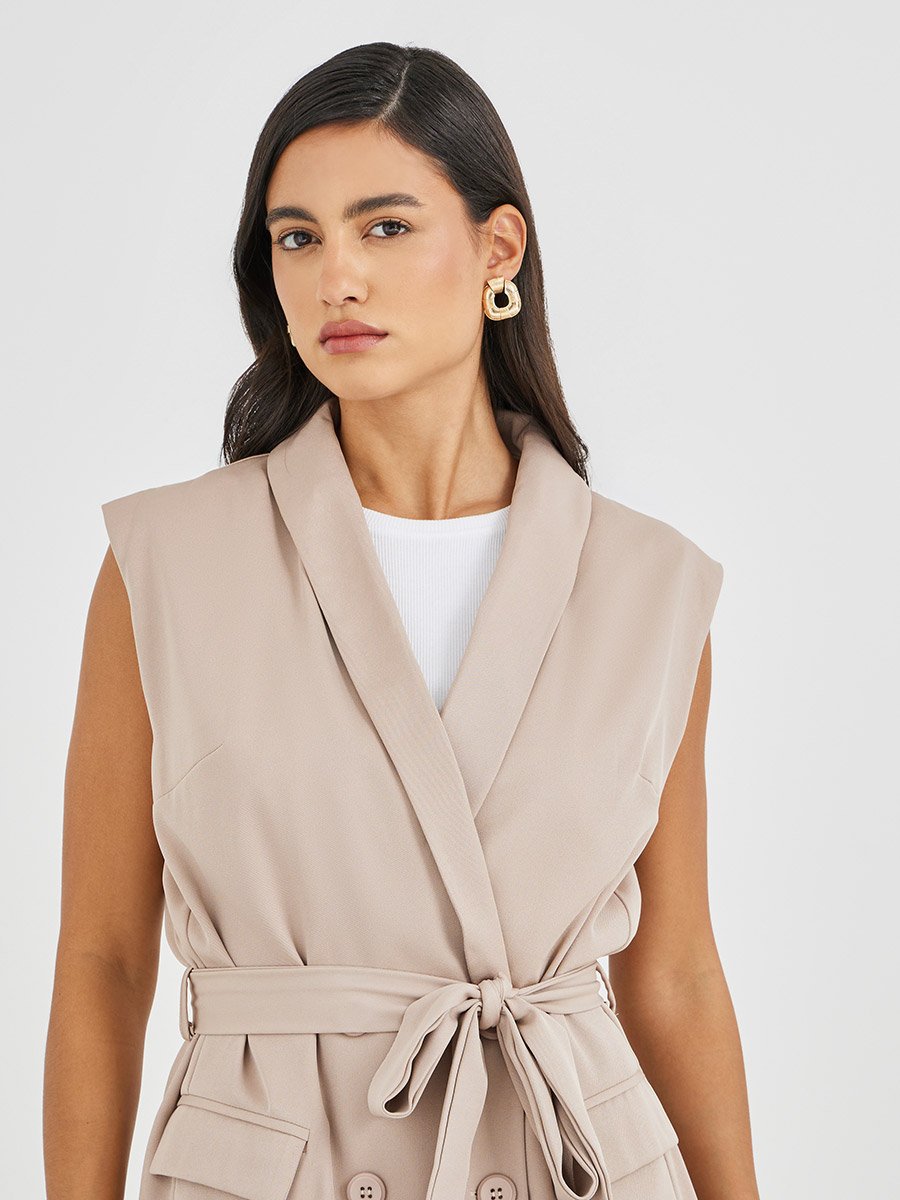 Solid Regular Length Regular Fit Sleeveless Belted Blazer