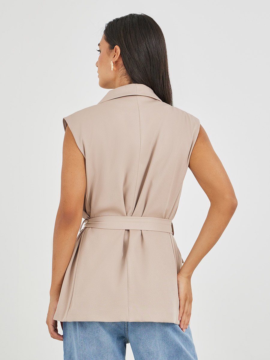 Solid Regular Length Regular Fit Sleeveless Belted Blazer