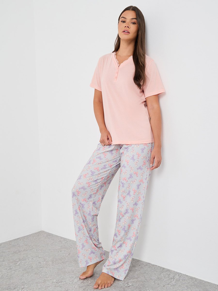 Solid V-Neck Short Sleeve T-Shirt and Printed Pyjama Set