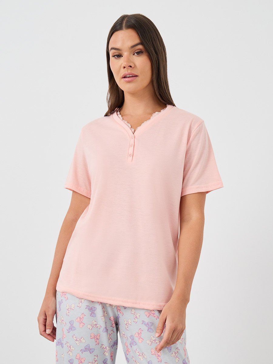 Solid V-Neck Short Sleeve T-Shirt and Printed Pyjama Set