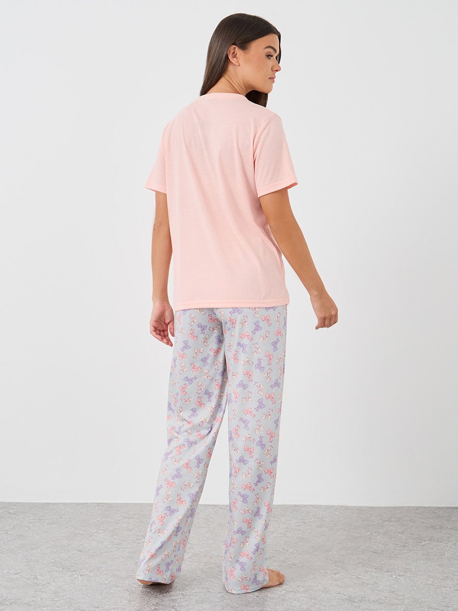 Solid V-Neck Short Sleeve T-Shirt and Printed Pyjama Set