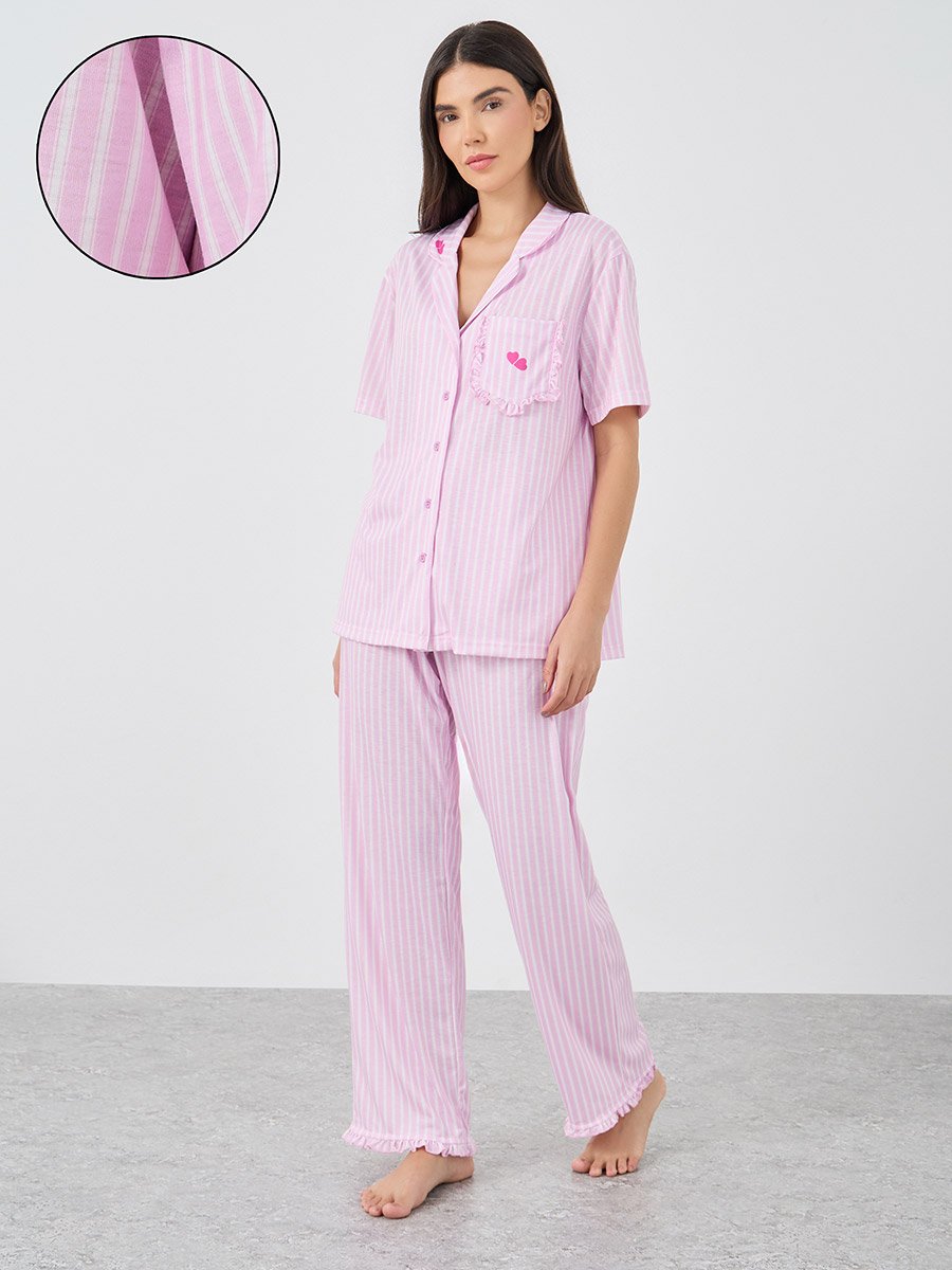 Striped Heart Ruffle Pocket Shirt and Pyjama Set