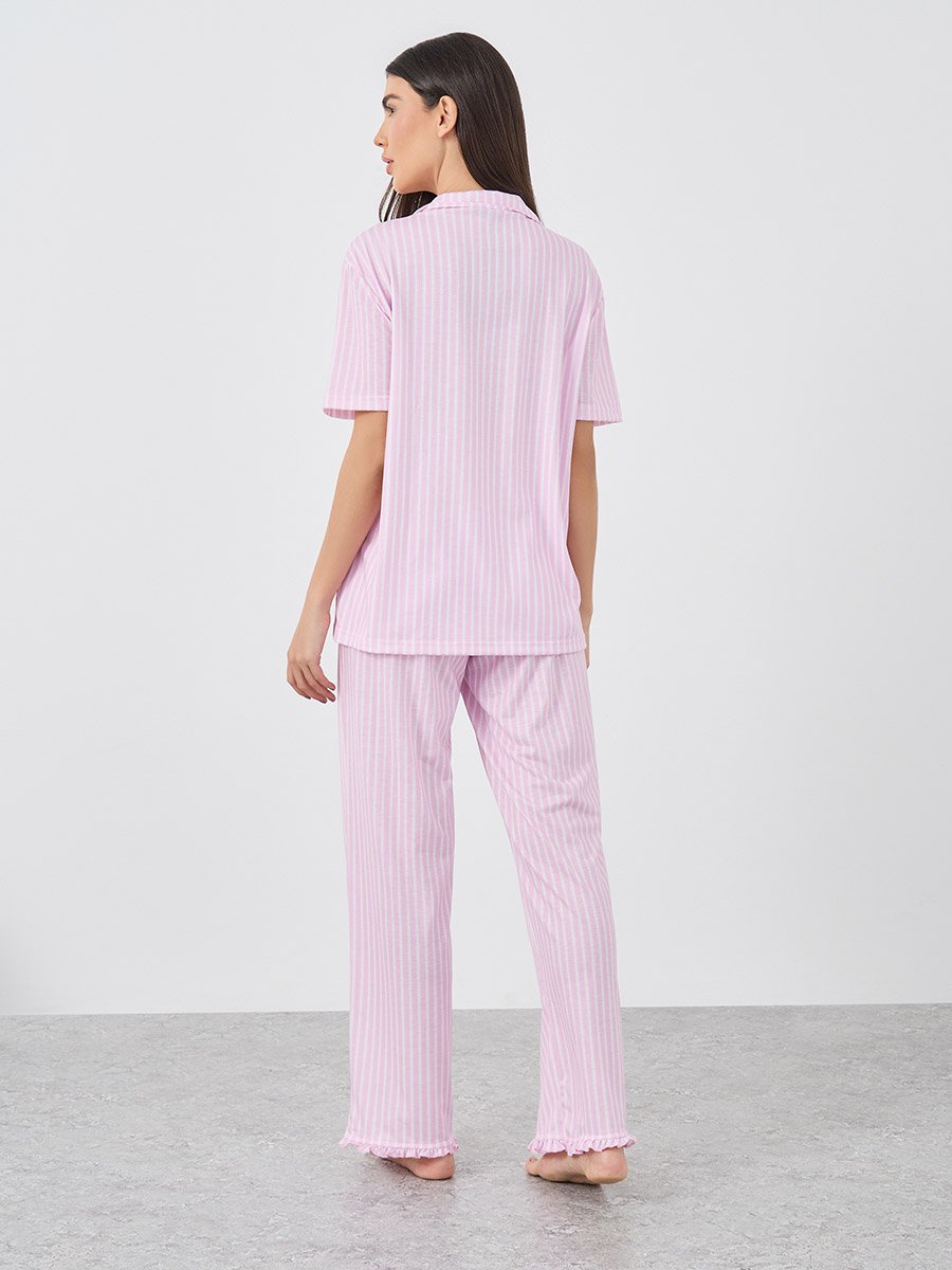 Striped Heart Ruffle Pocket Shirt and Pyjama Set