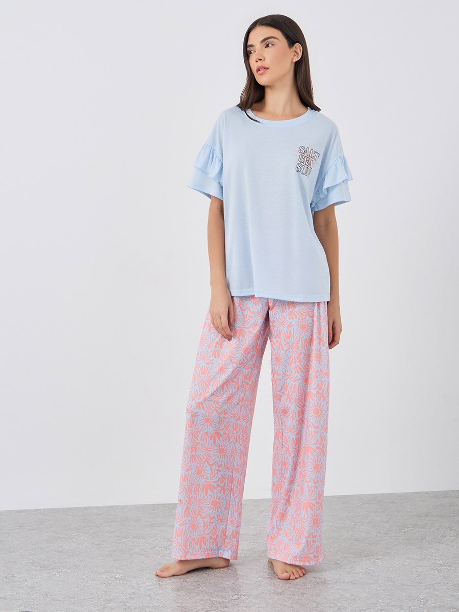 Slogan Print Short Sleeve T-Shirt and Pyjama Set