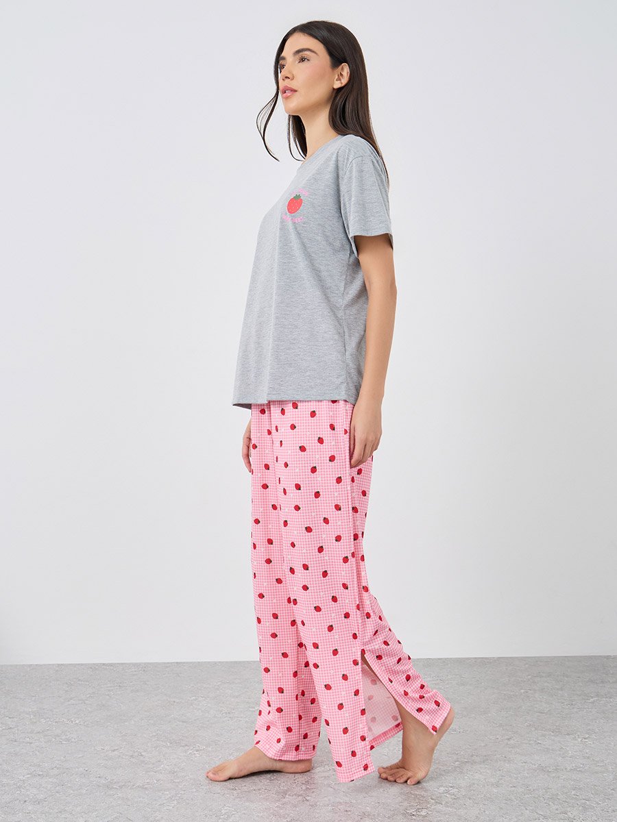 Women Strawberry Print Dropped Shoulder T-Shirt and Side Slit Pyjama Set