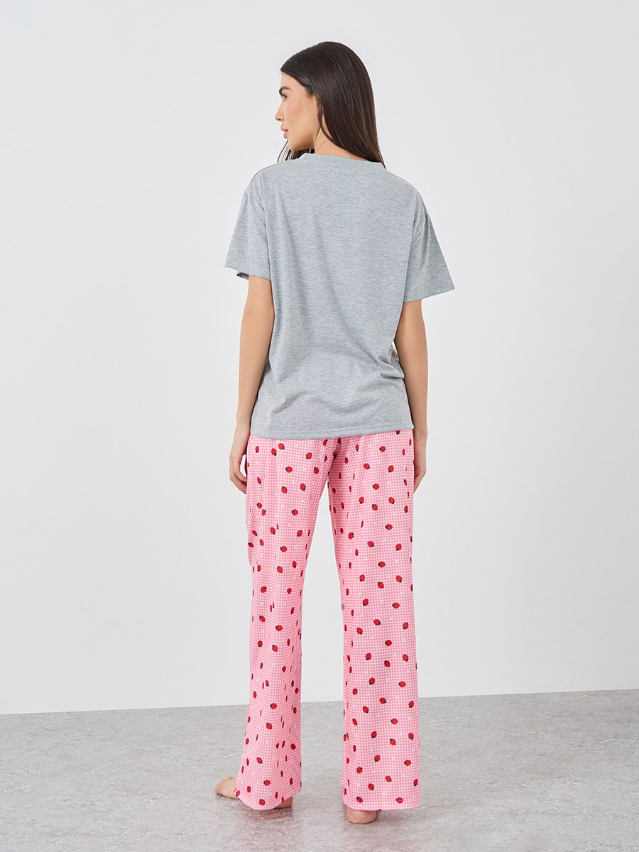 Women Strawberry Print Dropped Shoulder T-Shirt and Side Slit Pyjama Set