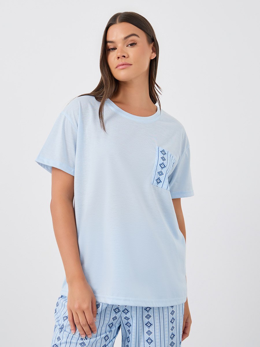 Women Aztec Print Pocket Detail T-Shirt and Pyjama Set