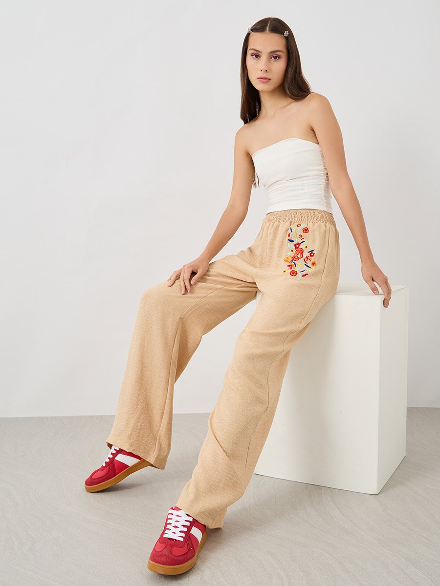 Embroidered Detail Wide Leg Pants with Elasticated Waistband