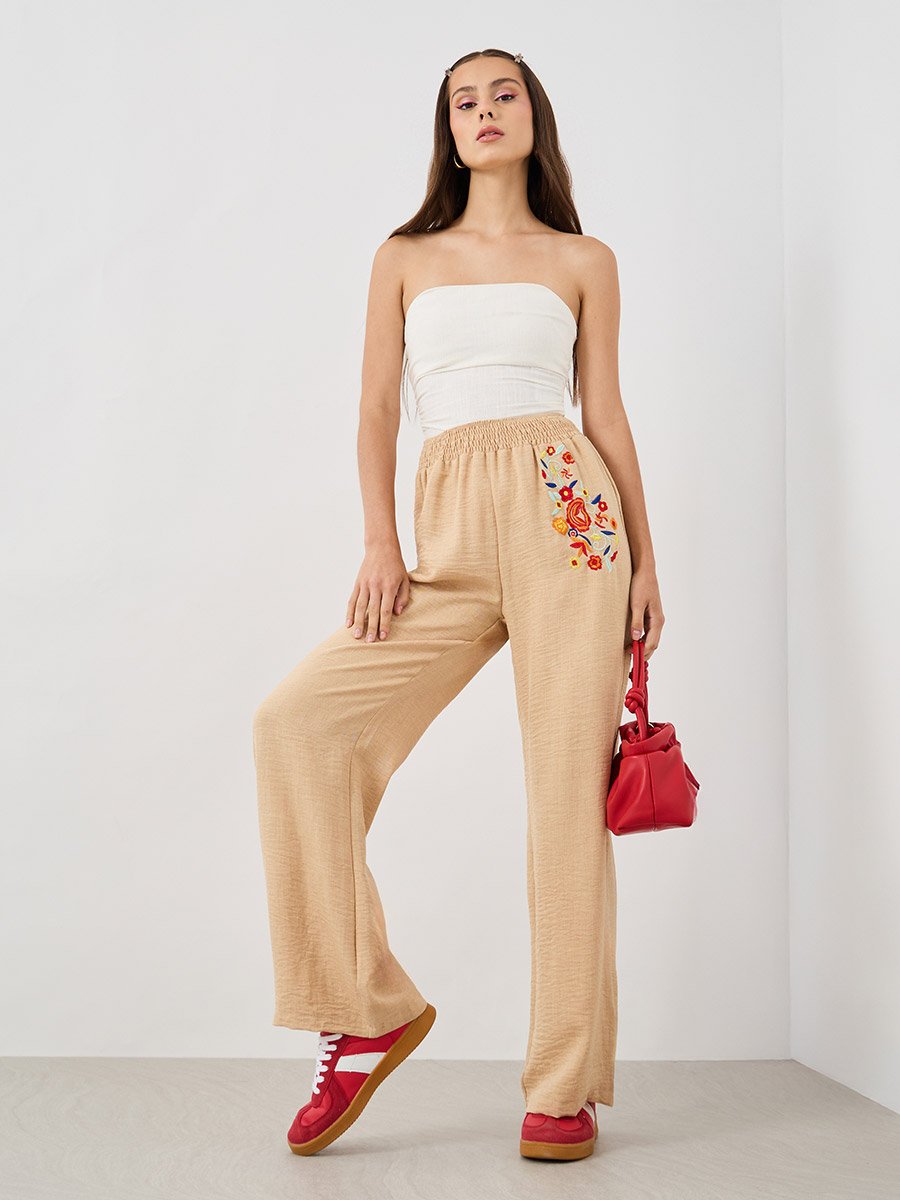Embroidered Detail Wide Leg Pants with Elasticated Waistband