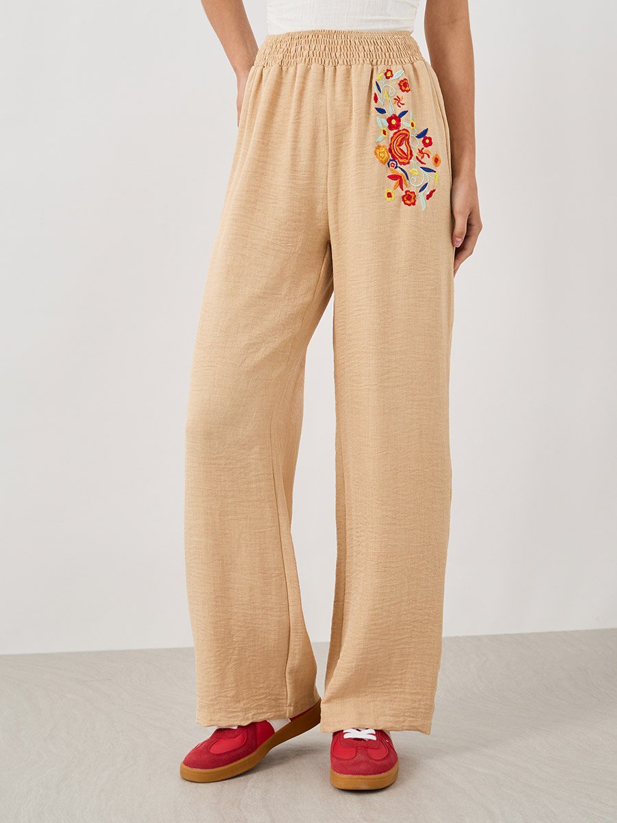 Embroidered Detail Wide Leg Pants with Elasticated Waistband