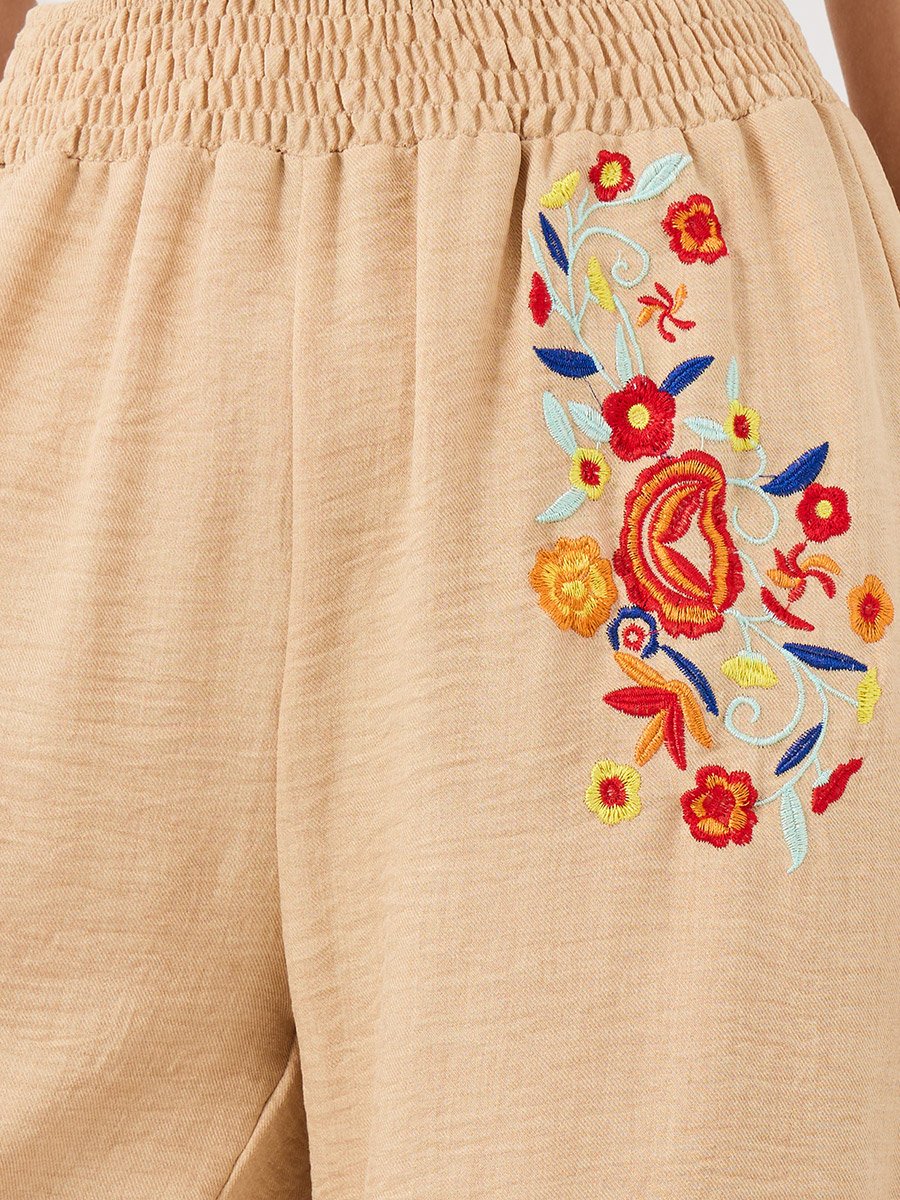 Embroidered Detail Wide Leg Pants with Elasticated Waistband