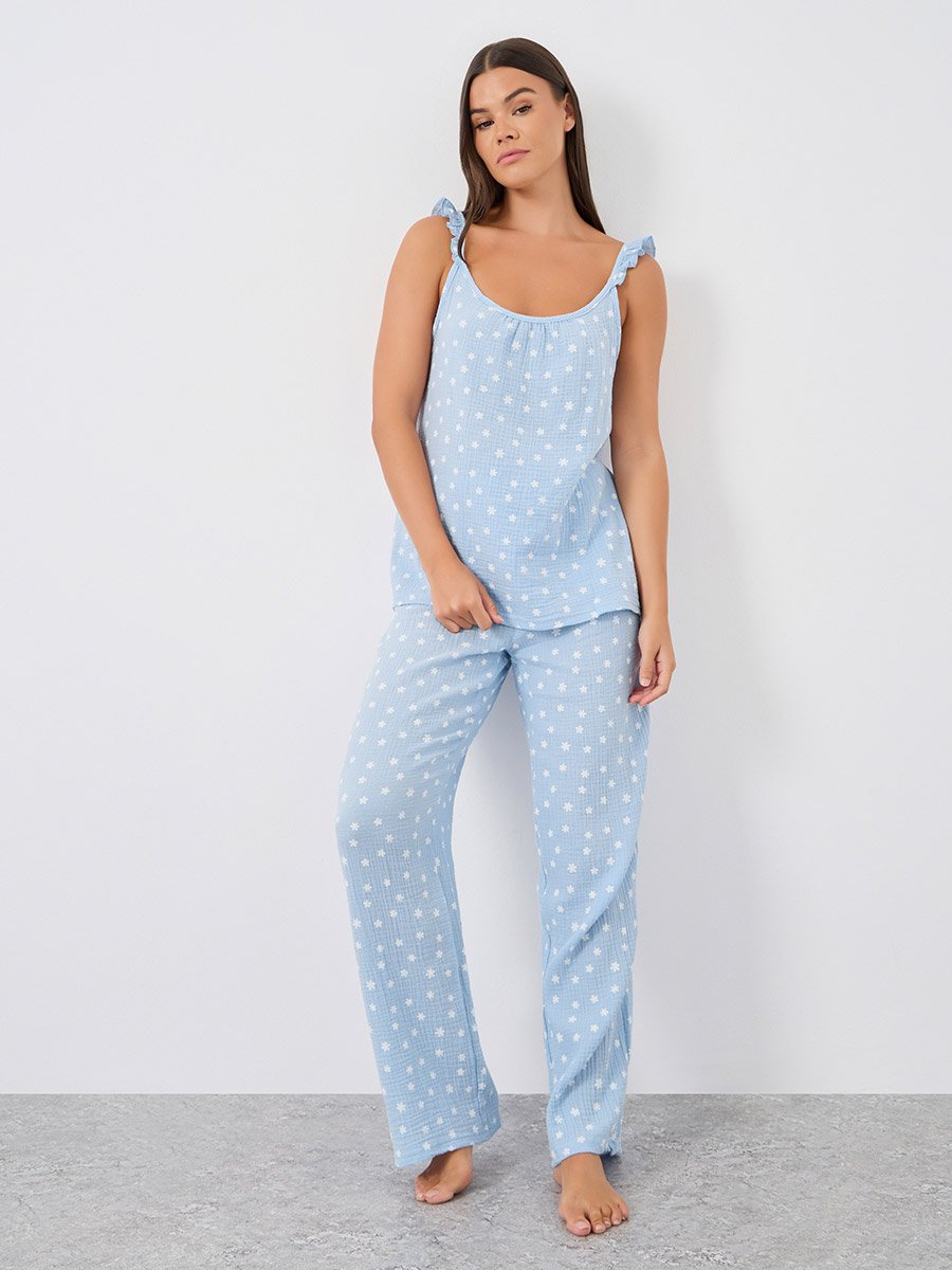 All-Over Daisy Print Cotton Gauze Ruffle Shoulder Cami and Pyjama Set