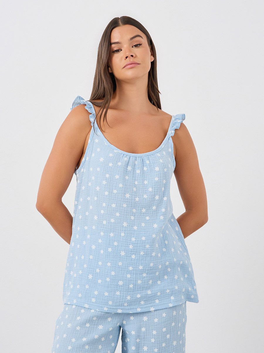 All-Over Daisy Print Cotton Gauze Ruffle Shoulder Cami and Pyjama Set