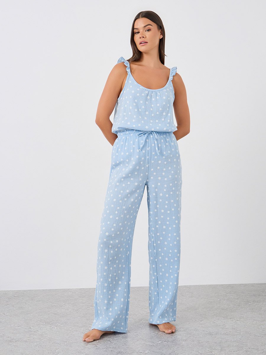 All-Over Daisy Print Cotton Gauze Ruffle Shoulder Cami and Pyjama Set