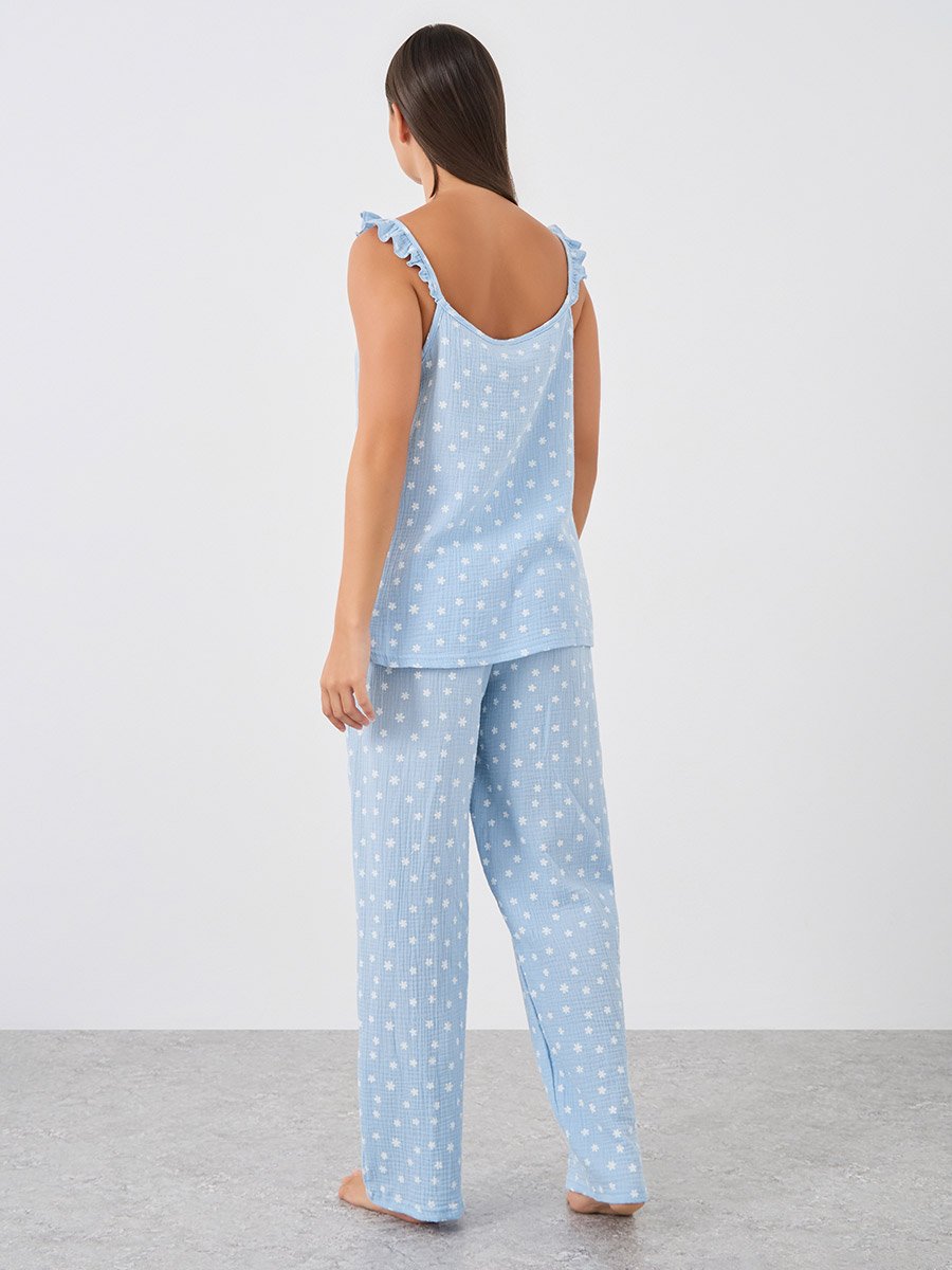 All-Over Daisy Print Cotton Gauze Ruffle Shoulder Cami and Pyjama Set
