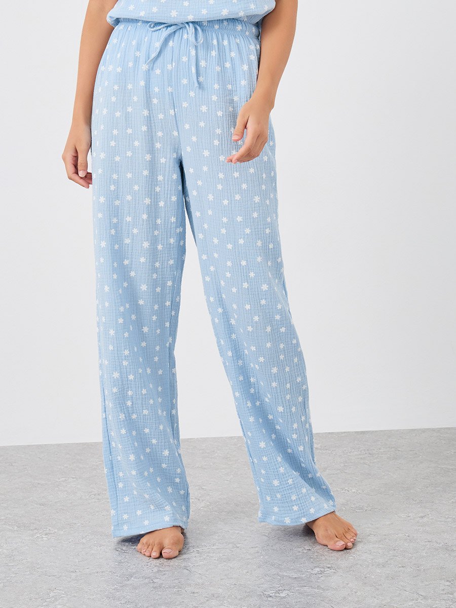 All-Over Daisy Print Cotton Gauze Ruffle Shoulder Cami and Pyjama Set