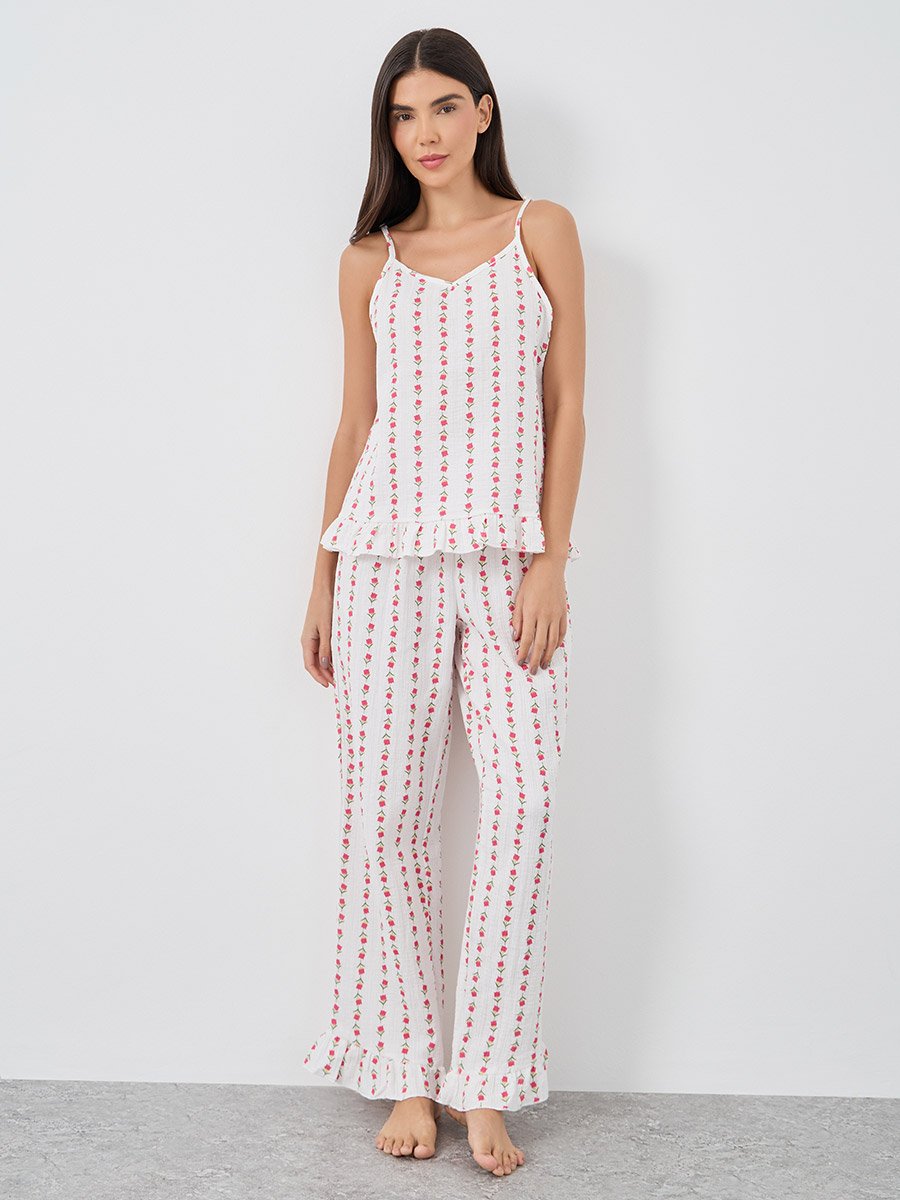 Linear Floral Cotton Gauze Ruffle Hem Cami and Pyjama Set