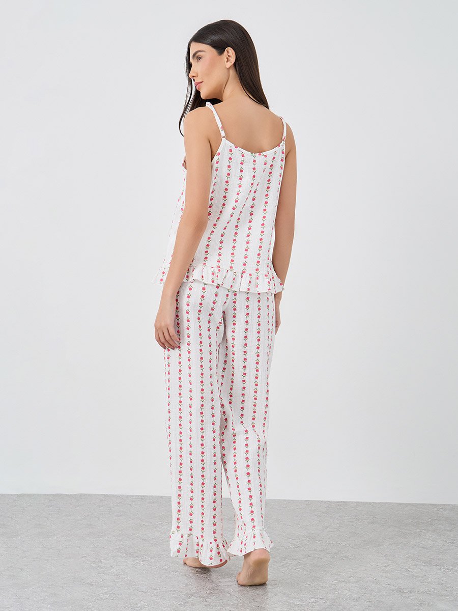 Linear Floral Cotton Gauze Ruffle Hem Cami and Pyjama Set