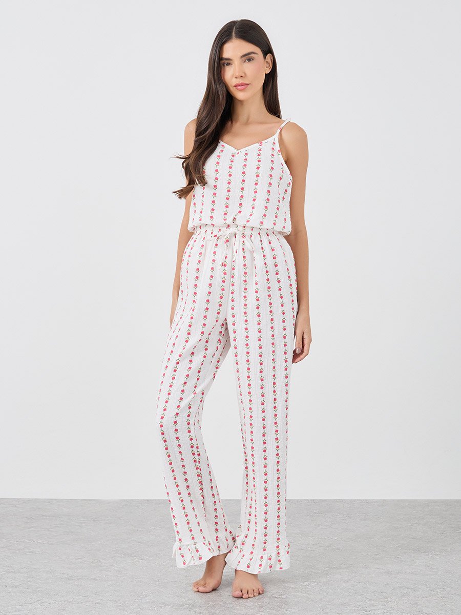Linear Floral Cotton Gauze Ruffle Hem Cami and Pyjama Set