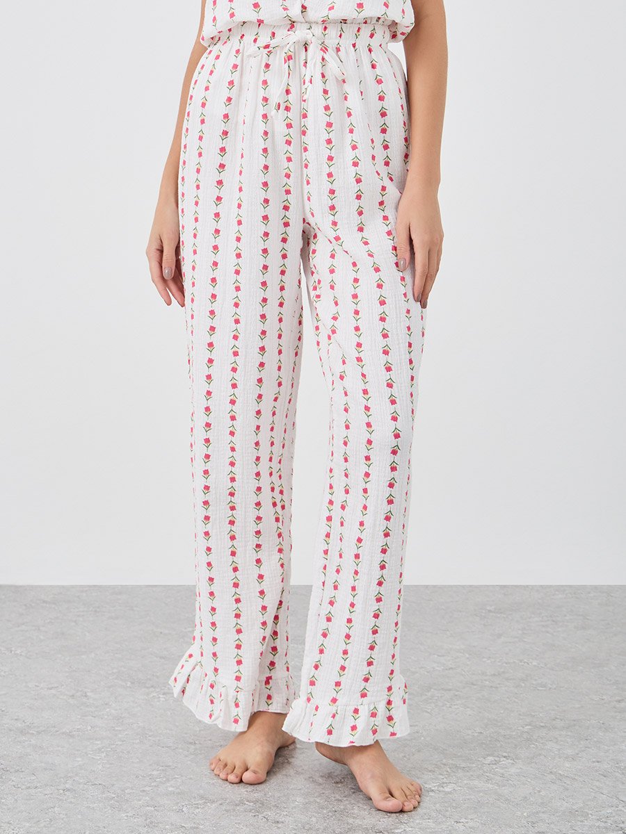 Linear Floral Cotton Gauze Ruffle Hem Cami and Pyjama Set