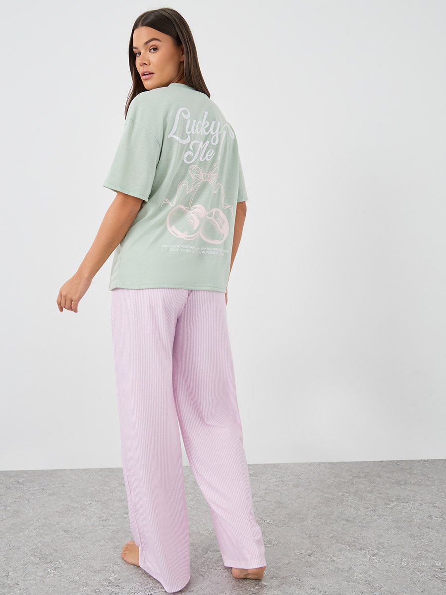 Slogan Print Short Sleeve T-Shirt and Pyjama Set