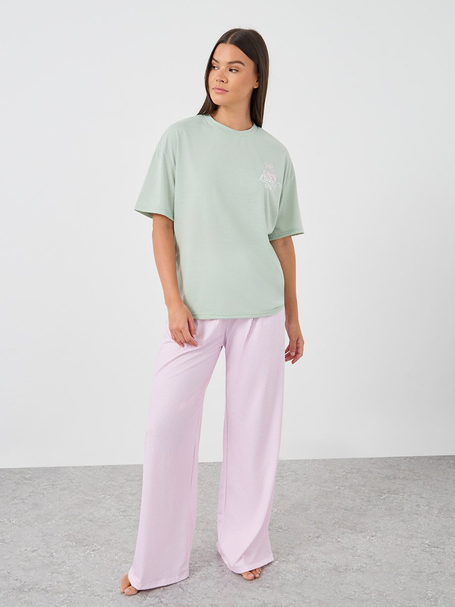 Slogan Print Short Sleeve T-Shirt and Pyjama Set