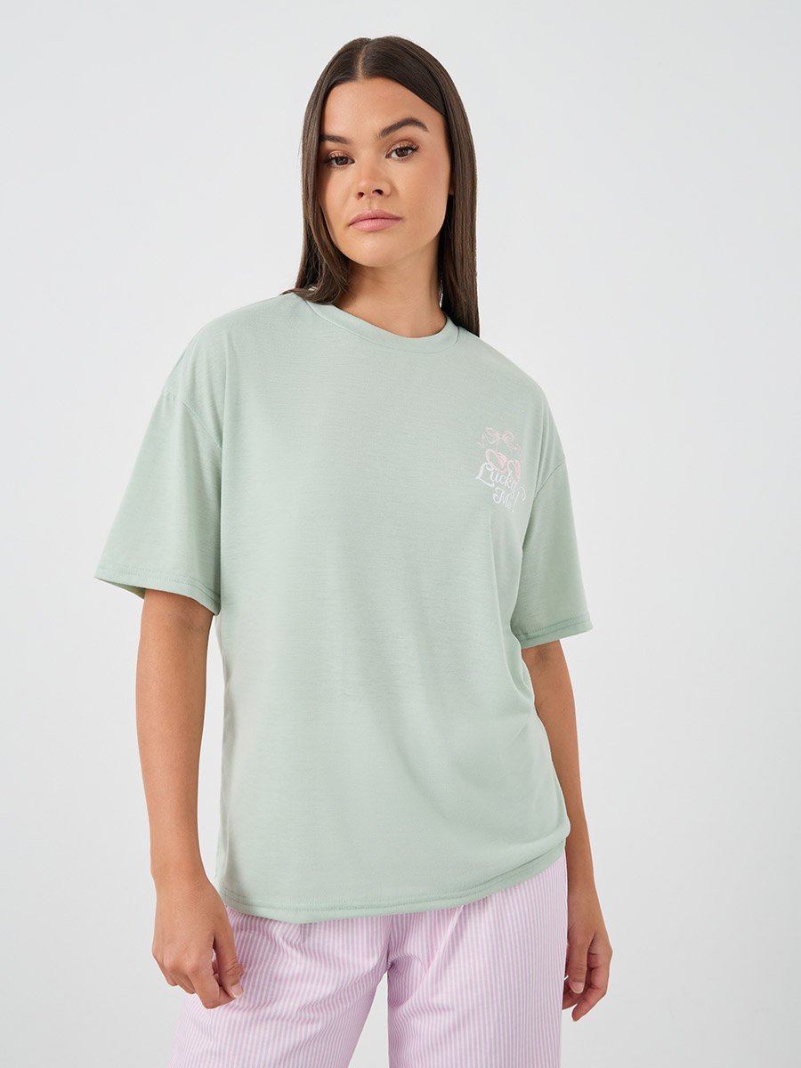 Slogan Print Short Sleeve T-Shirt and Pyjama Set